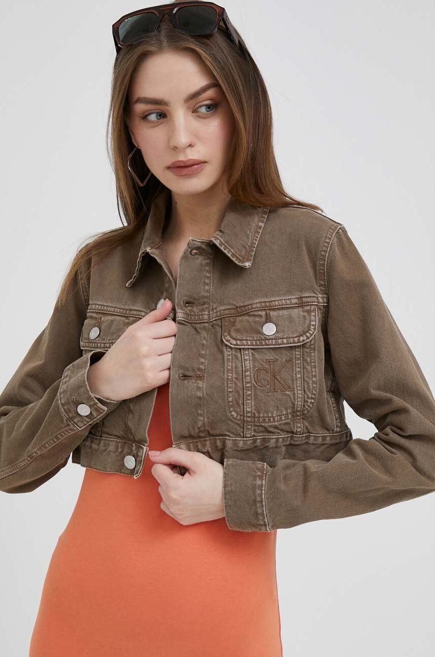 Calvin Klein Jeans kurtka jeansowa damska kolor brązowy przejściowa