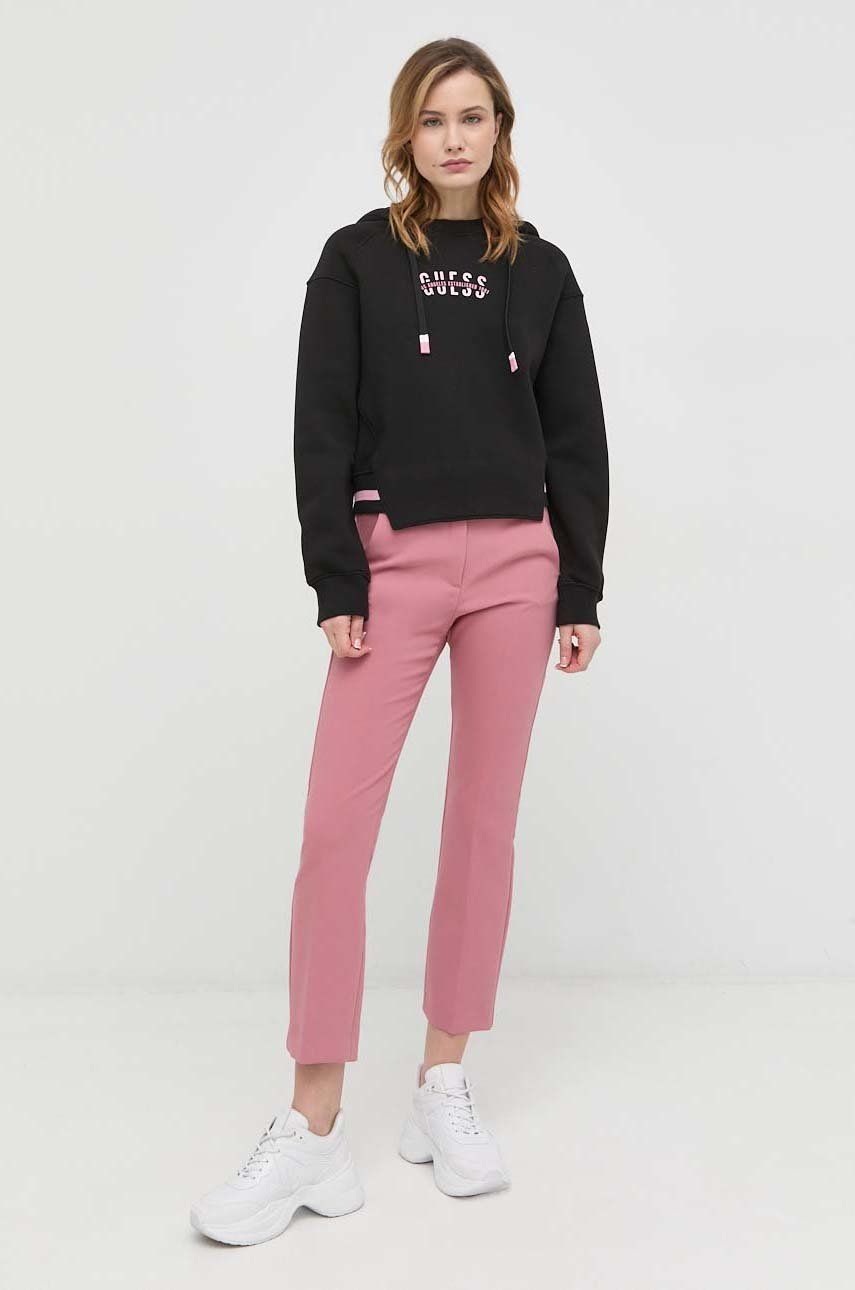 Guess bluza damska kolor czarny z kapturem z nadrukiem