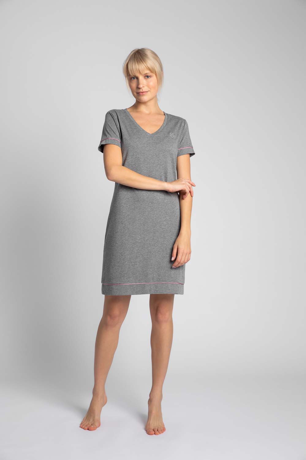 Koszula Nocna z Atłasową Wypustką - Szara