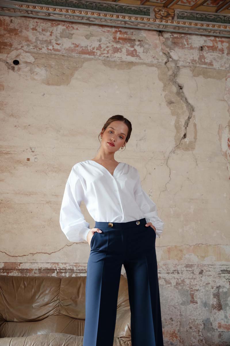 Bluzka Koszulowa z Bufiastymi Rękawami - Biała