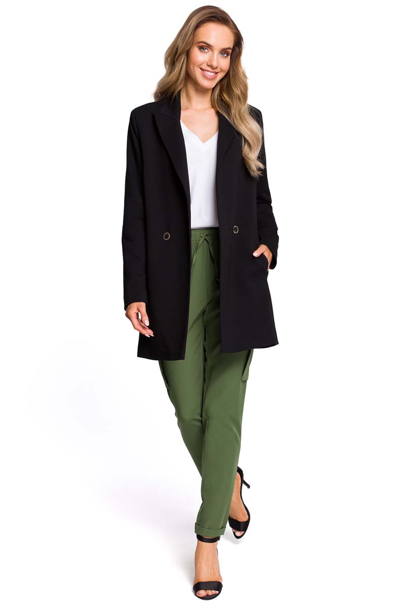 Czarna Marynarka Dwurzędowa z Dzianiny Dresowej