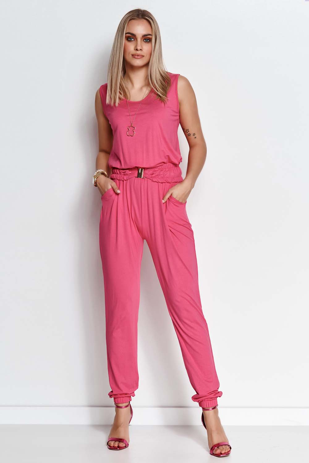 Wiskozowy Kombinezon z Ozdobnym Paskiem - Amarantowy