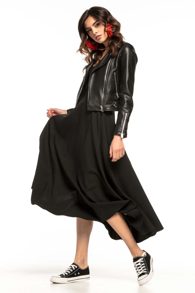 Czarna Rozkloszowana Midi Spódnica z Metalowym Zamkiem