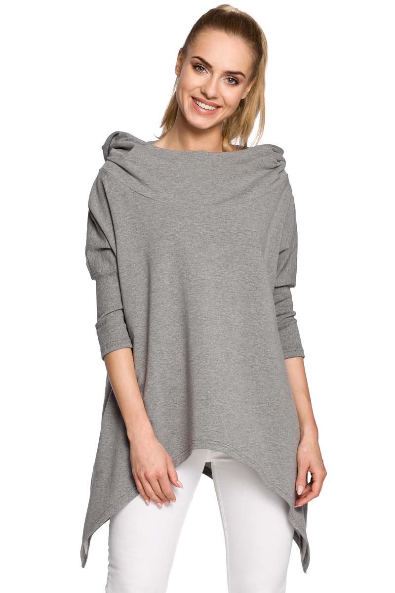 Szara Asymetryczna Narzutka - Peleryna z Kapturem