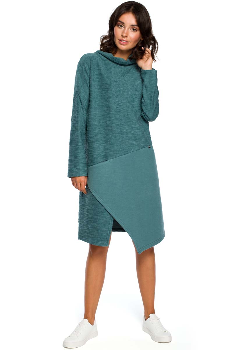 Turkusowa Asymetryczna Sukienka z Golfem