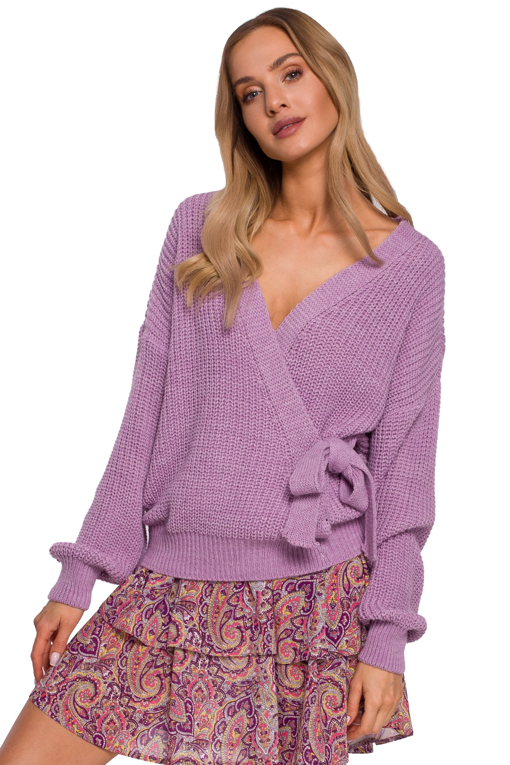 Krótki Kardigan z Wiązaniem na Boku - Liliowy