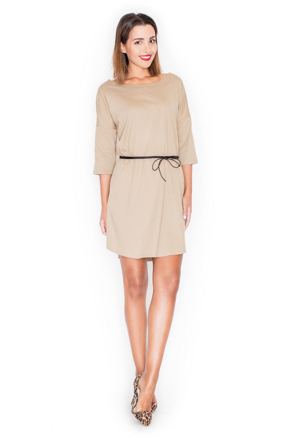 Beżowa Dzianinowa Lekka Sukienka z Wiązanym Paskiem