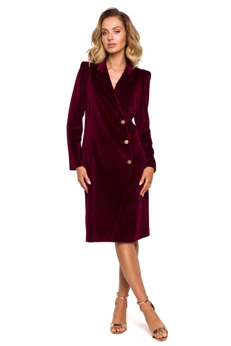 Welurowa Sukienka Żakietowa - Bordowa