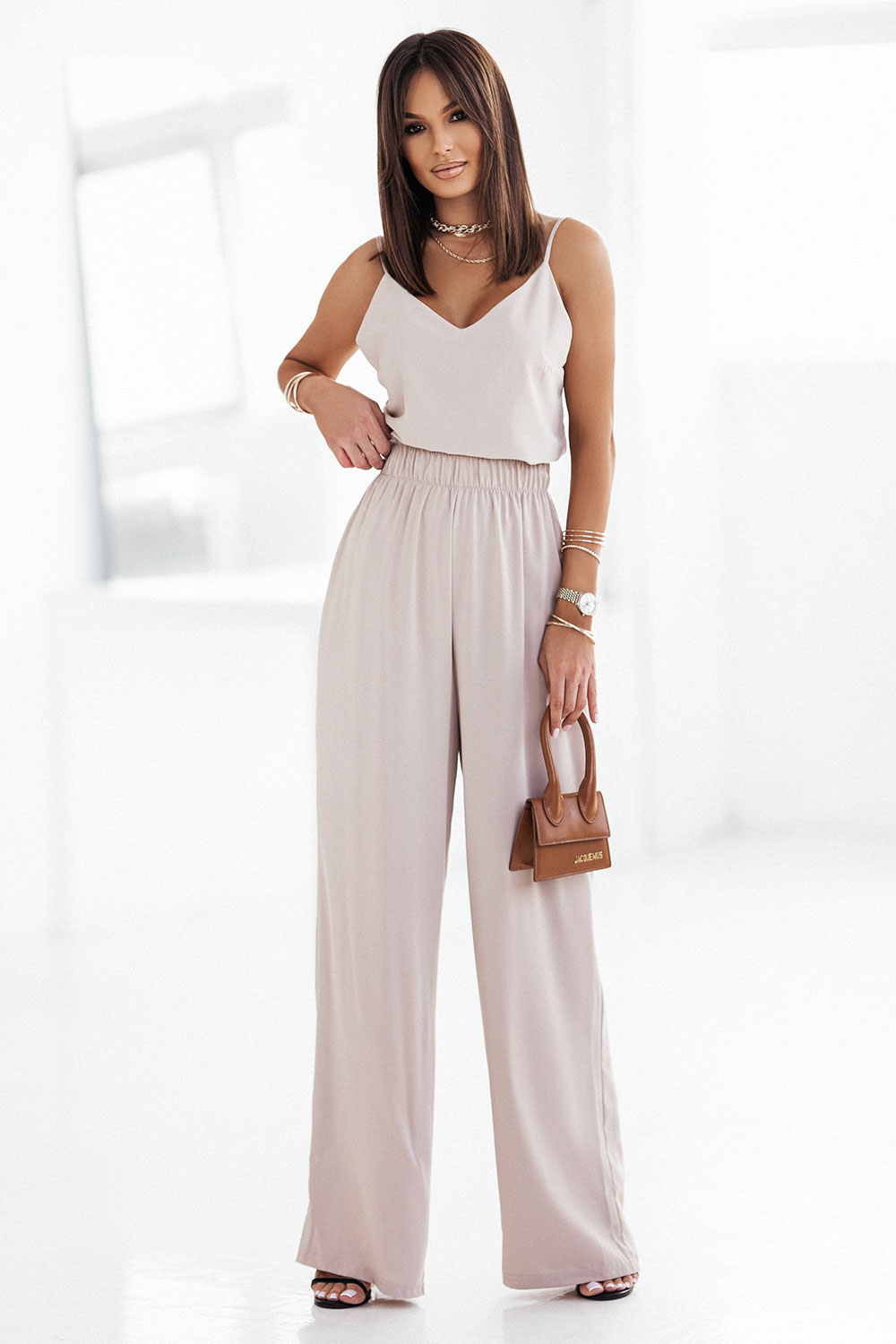 Beżowe Szerokie Spodnie z Gumą