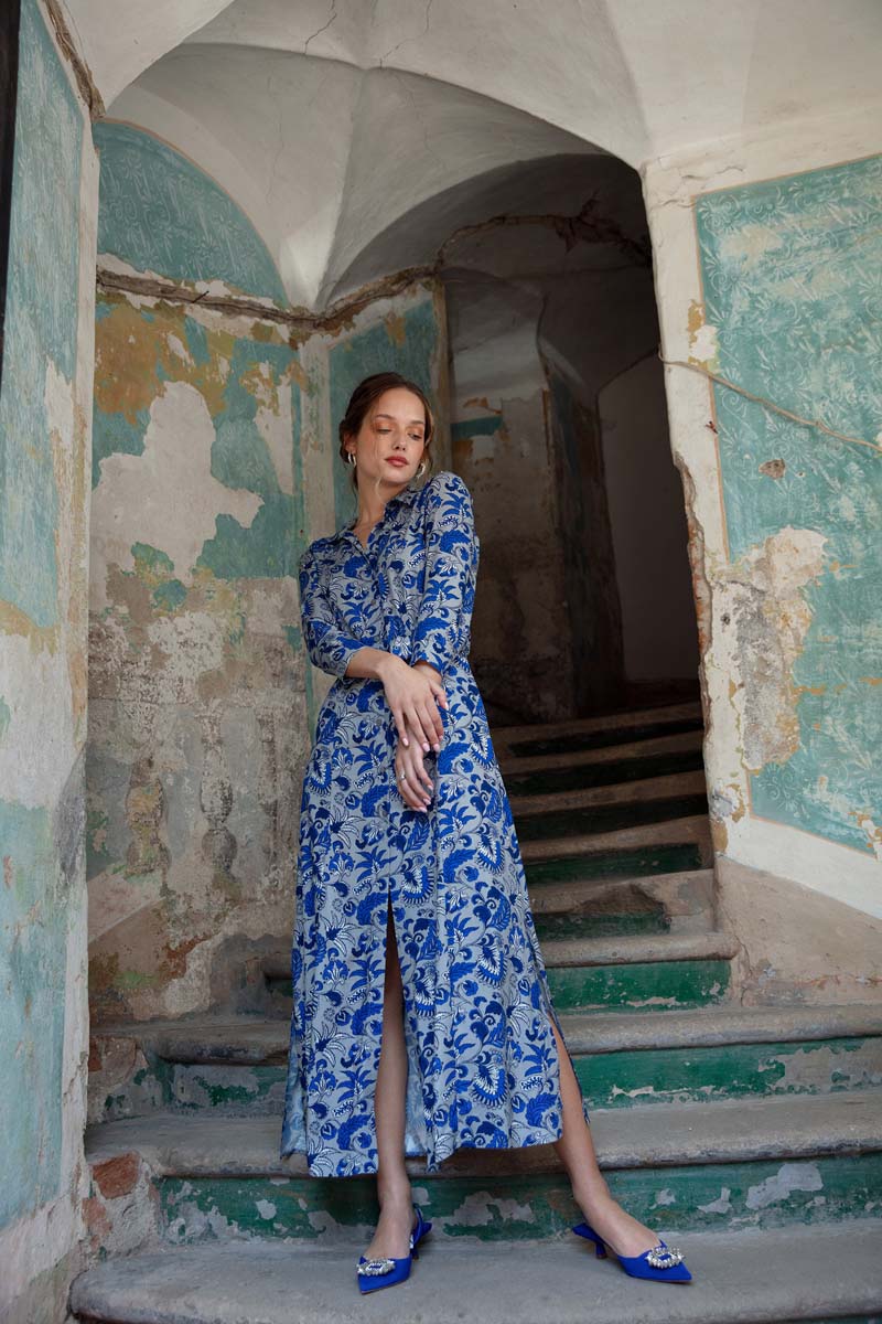 Wzorzysta Sukienka Maxi Zapinana na Guziki - Wzór 2