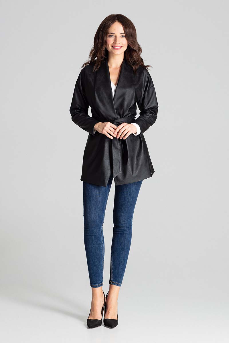 Czarna Luźna Niezapinana Marynarka z Eko-skóry