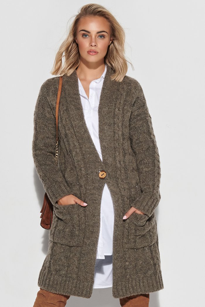 Kardigan w Warkocze Zapinany na Jeden Guzik - Mocca