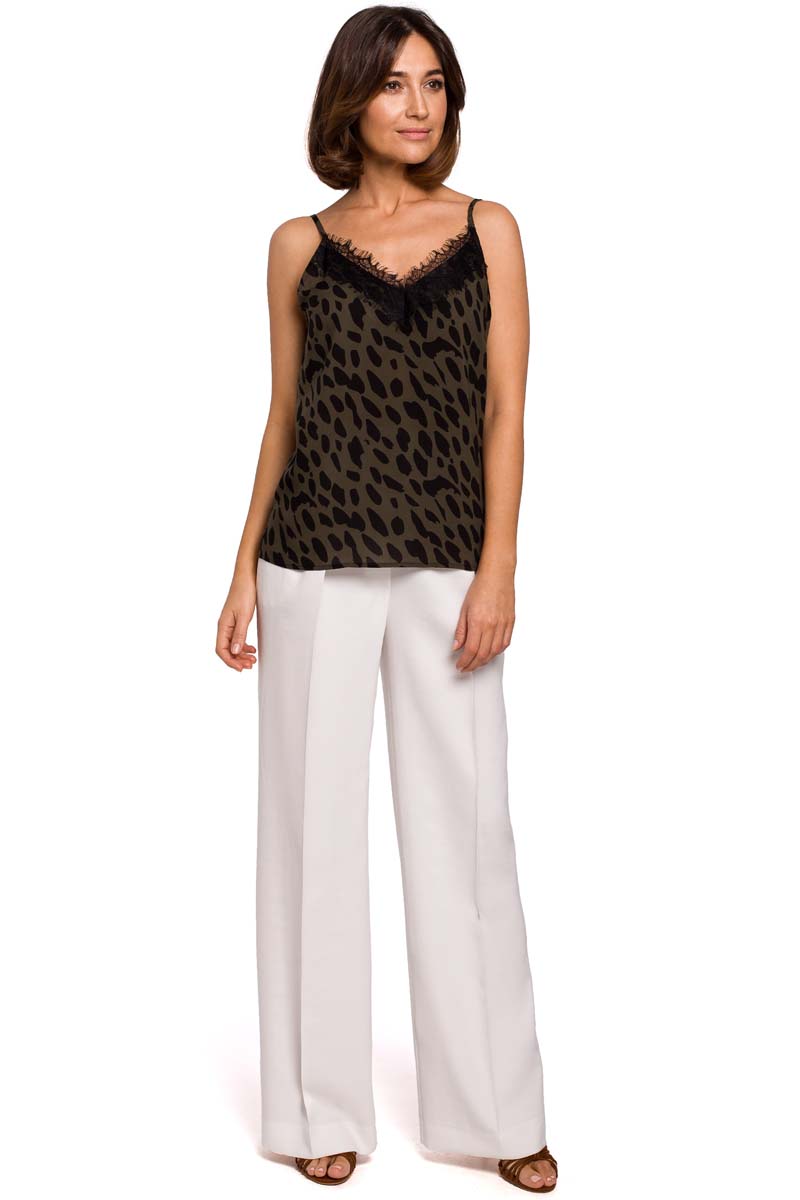 Ecru Stylowe Spodnie na Gumie z Szerokimi Nogawkami.