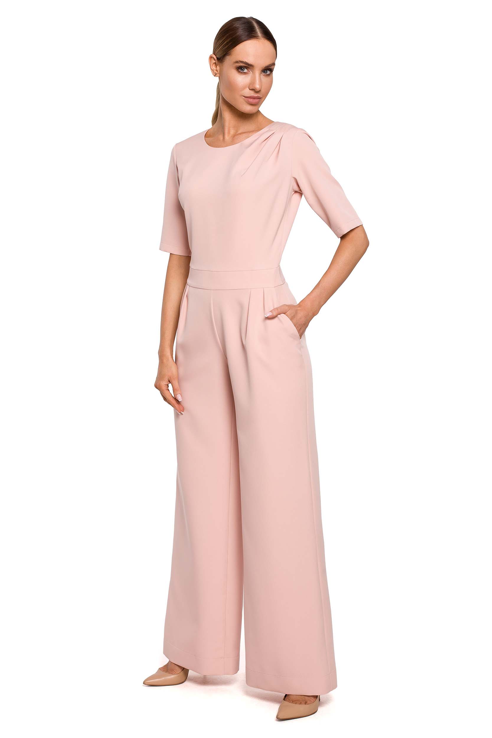 Intrygujący Kombinezon z Prostymi Nogawkami - Pudrowy