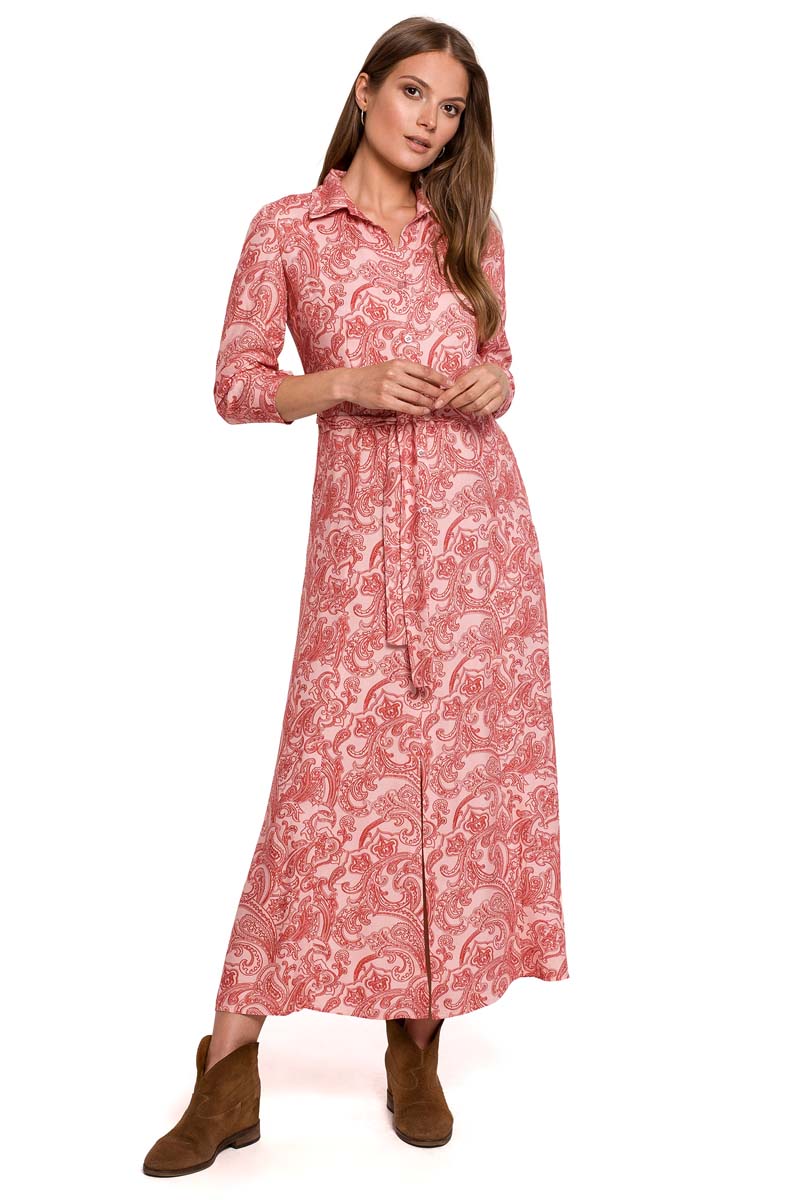 Wzorzysta Sukienka Maxi Zapinana na Guziki - Wzór 3