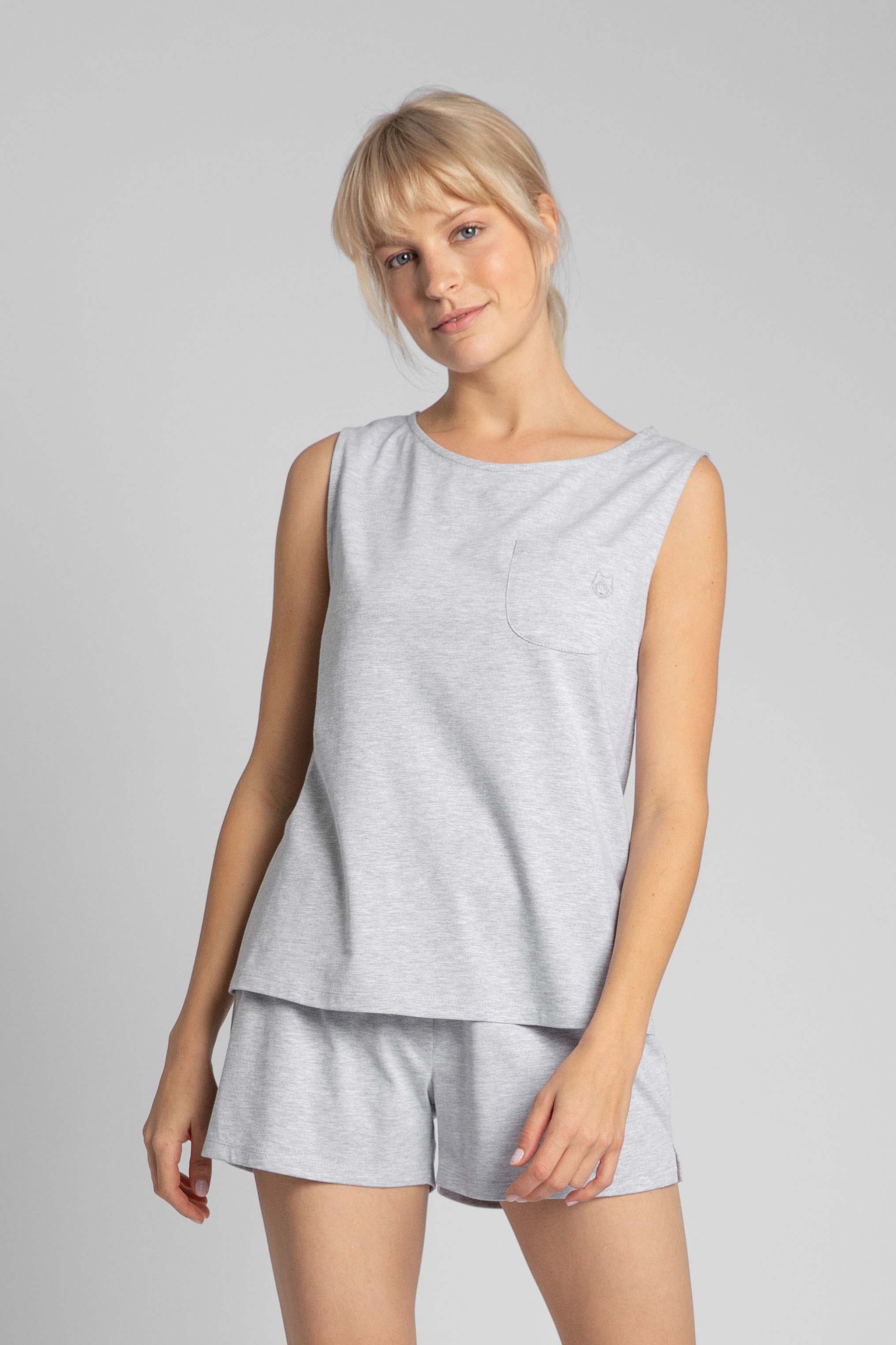 Bawełniany Top do Spania z Haftem - Jasnoszary