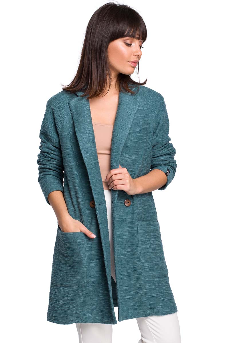 Turkusowa Długa Dzianinowa Marynarka z Fakturą