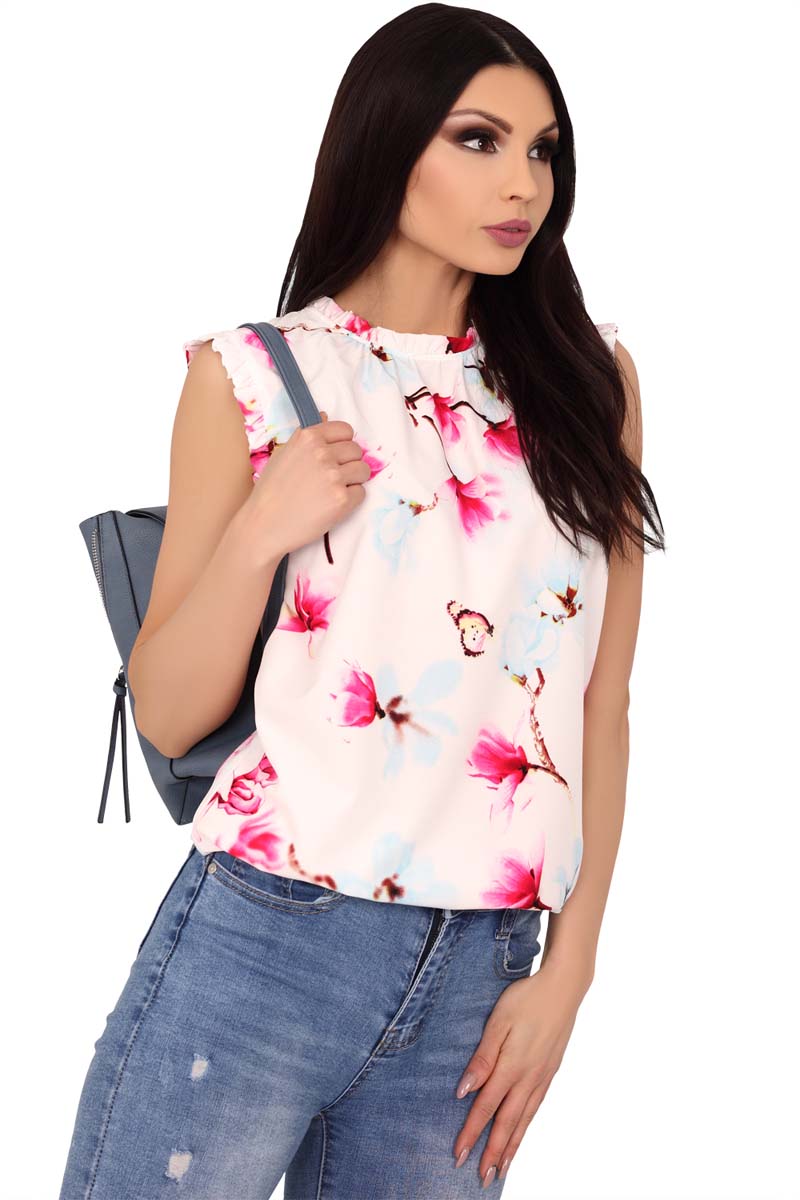 Biała Letnia Bluzka z Kwiatowym Motywem z Falbankami