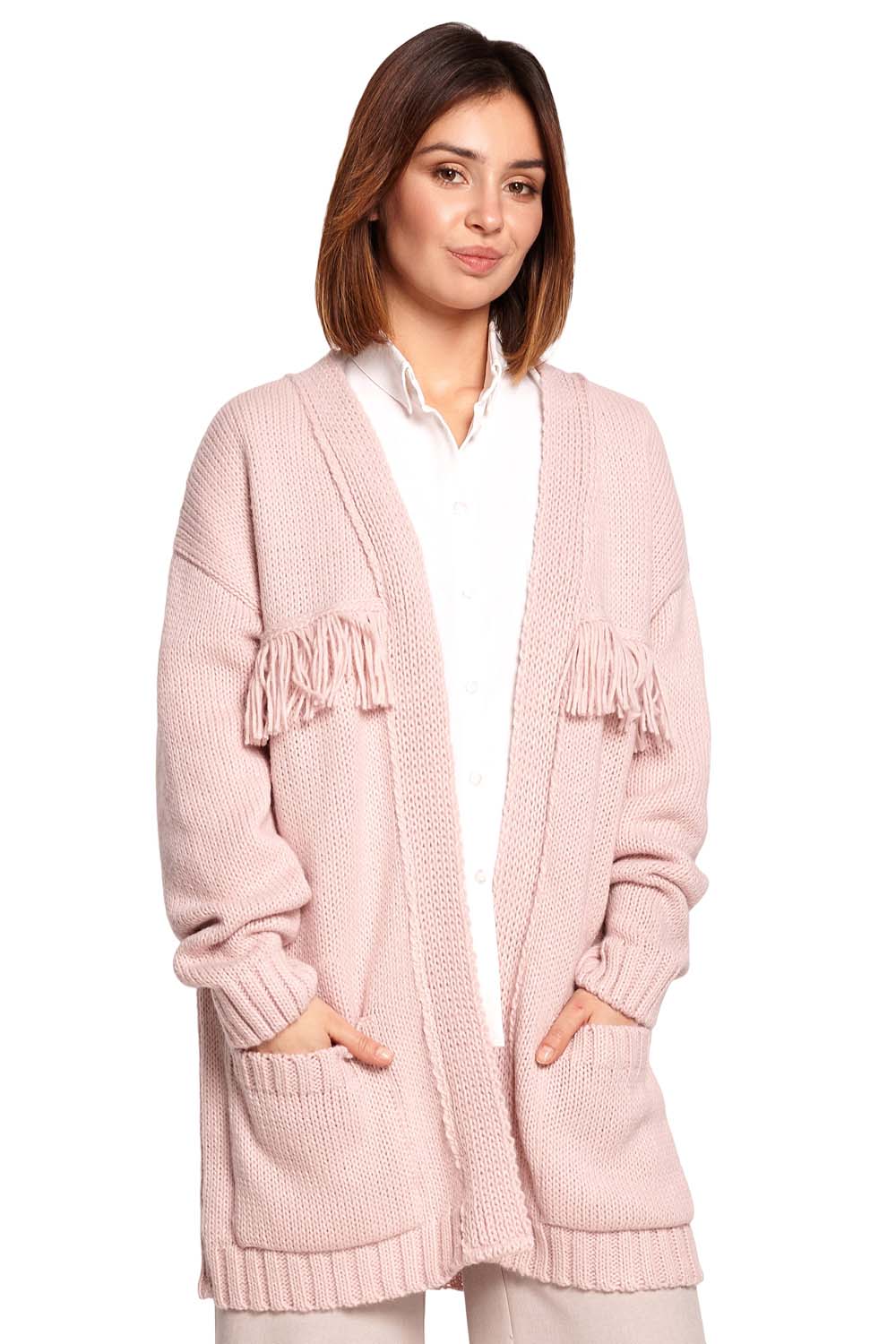 Niezapinany Kardigan w Stylu Boho - Pudrowy