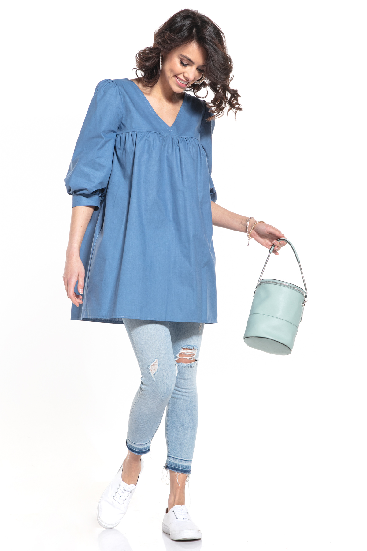 Tunika z Bufiastym Rękawem 3/4 - Niebieska