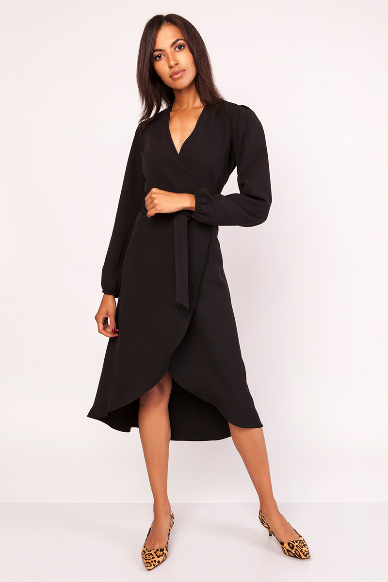 Czarna Asymetryczna Sukienka Kopertowa z Wiązanym Paskiem