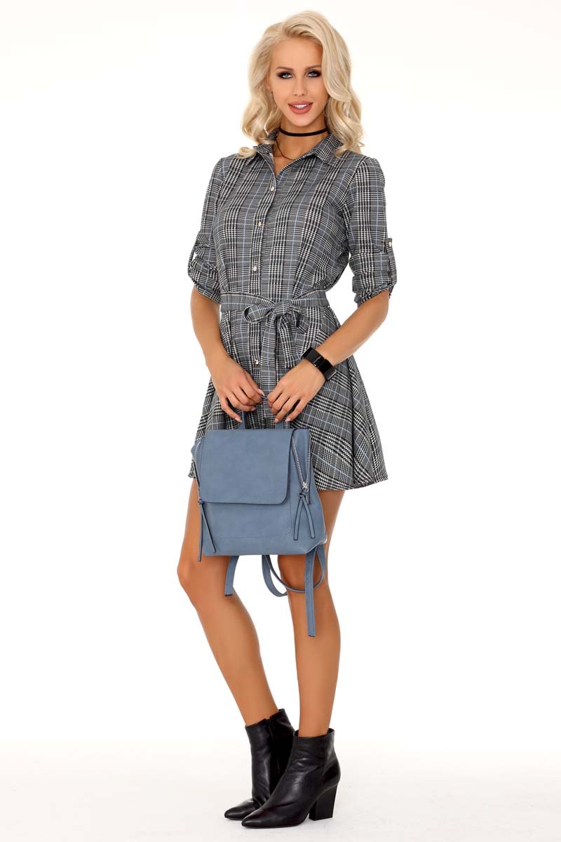 Szara Sukienka Szmizjerka w Kratkę