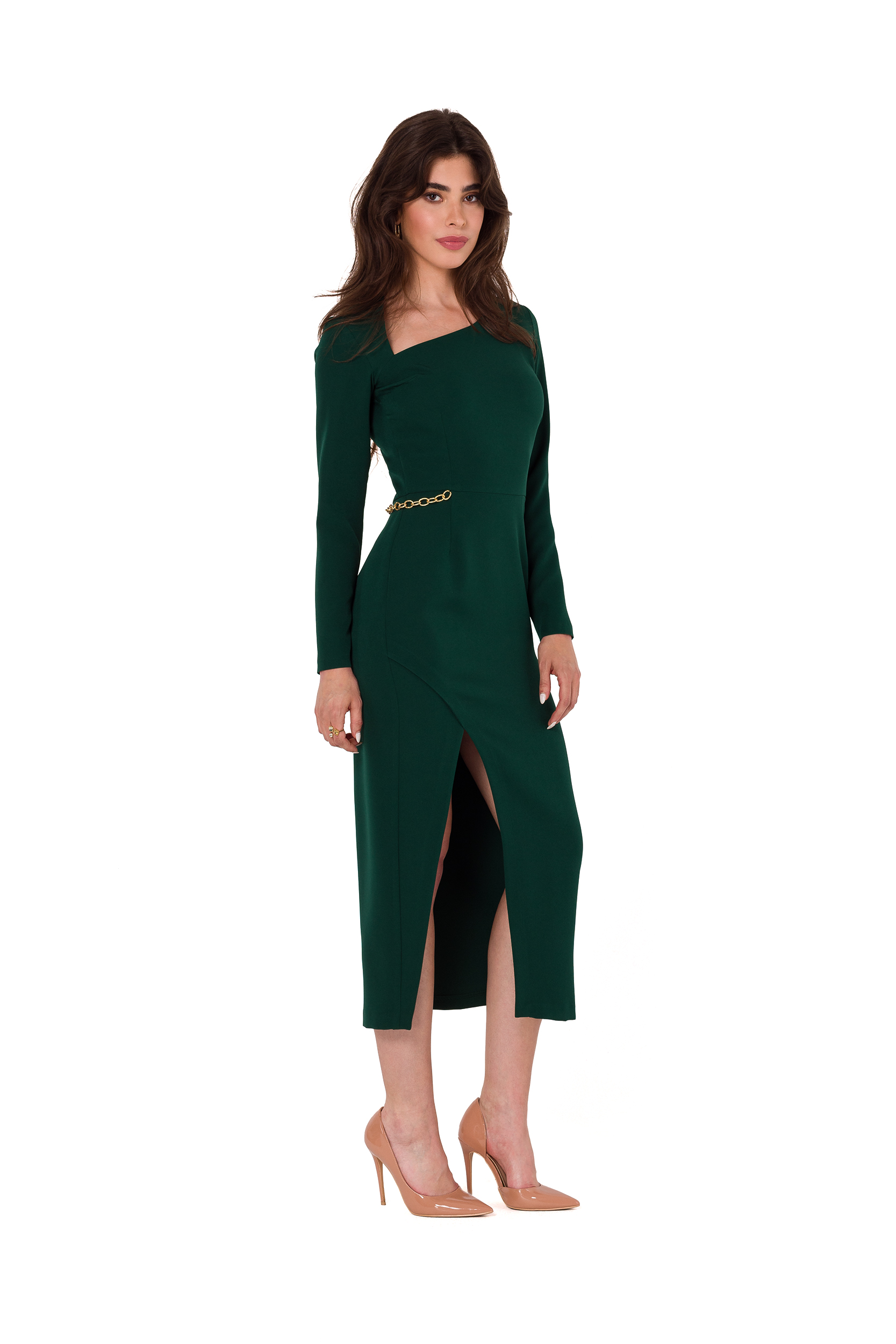 Zielona Midi Sukienka z Asymetrycznym Dekoltem i Długim Rękawem