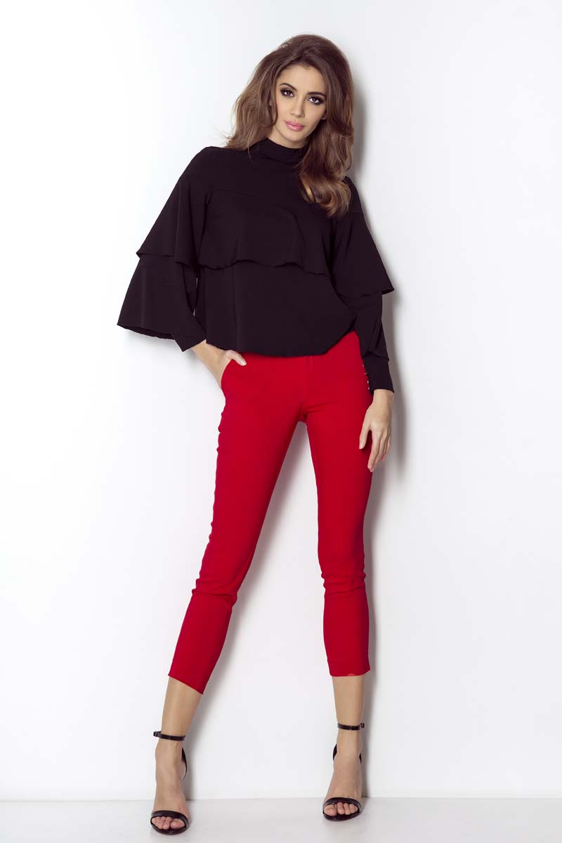 Czarna Ultrakobieca Bluzka Koszulowa z Falbankami