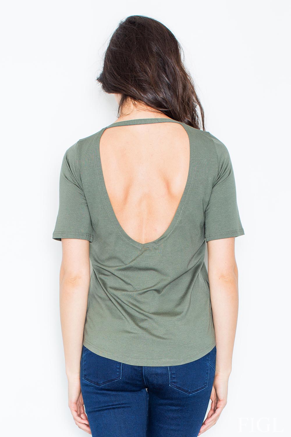 Oliwkowa Bluzka z Krótkim Rękawem z Wycięciem na Plecach