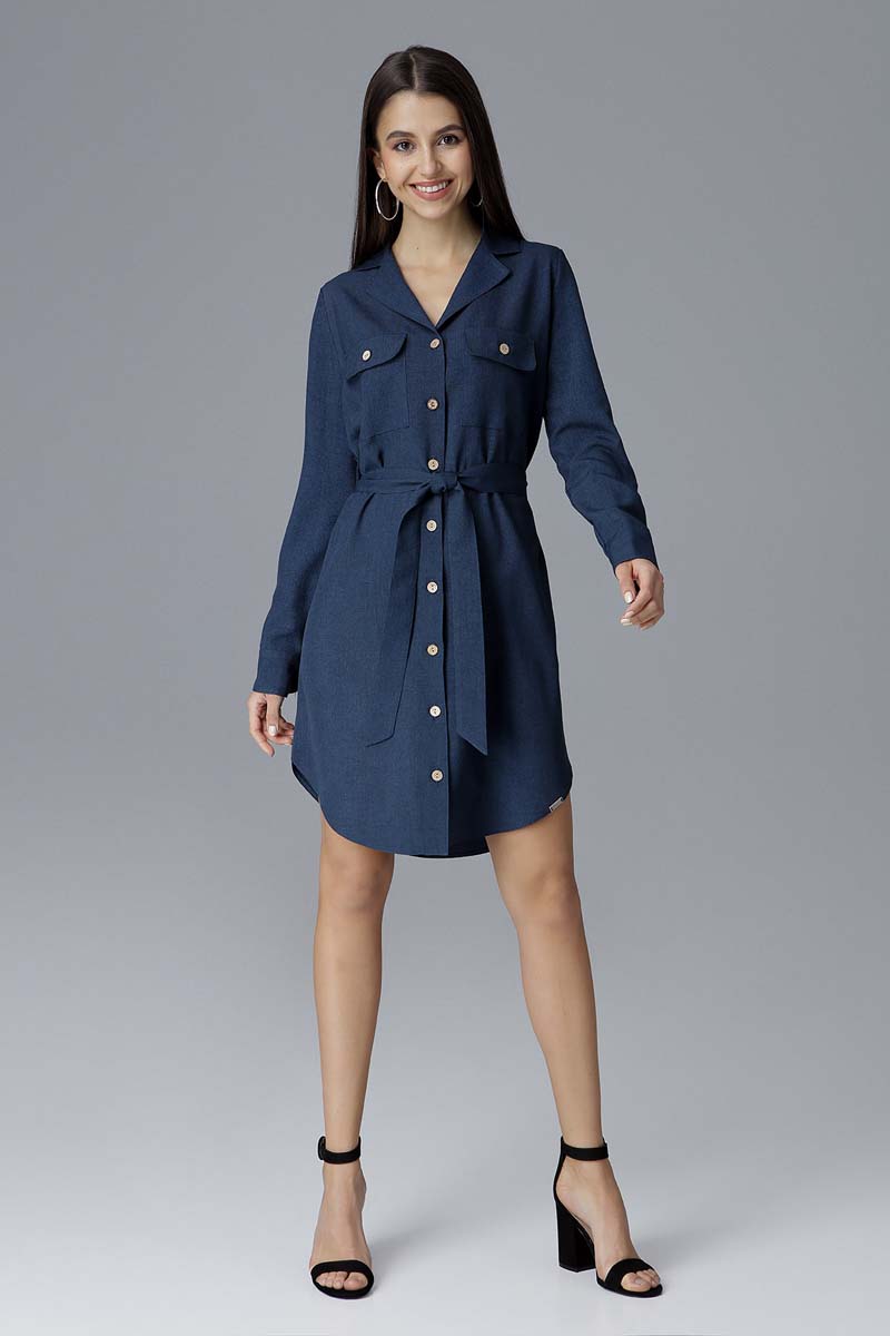 Granatowa Koszulowa Sukienka z Wiązanym Paskiem