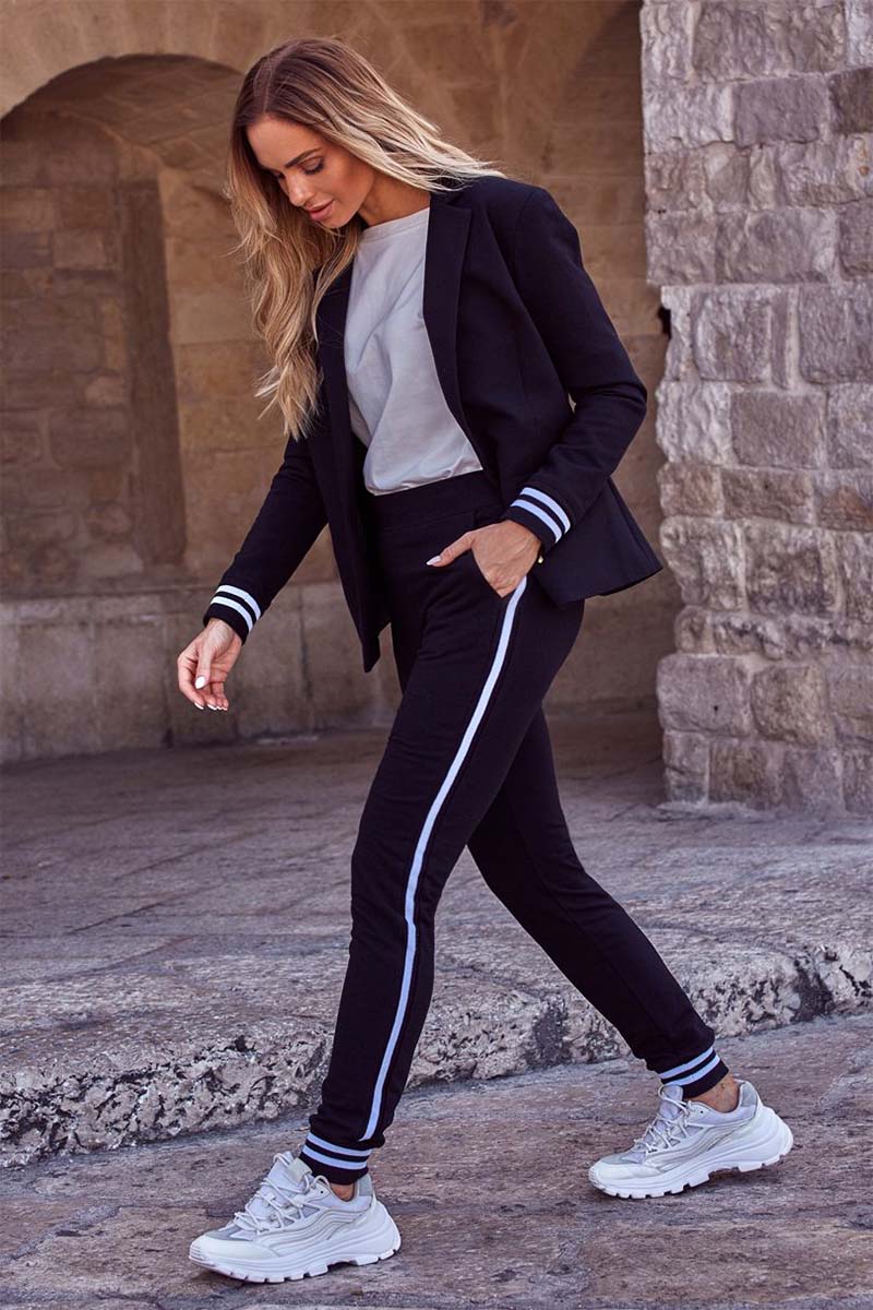 Czarna Dzianinowe Spodnie z Lampasem i Ściągaczami