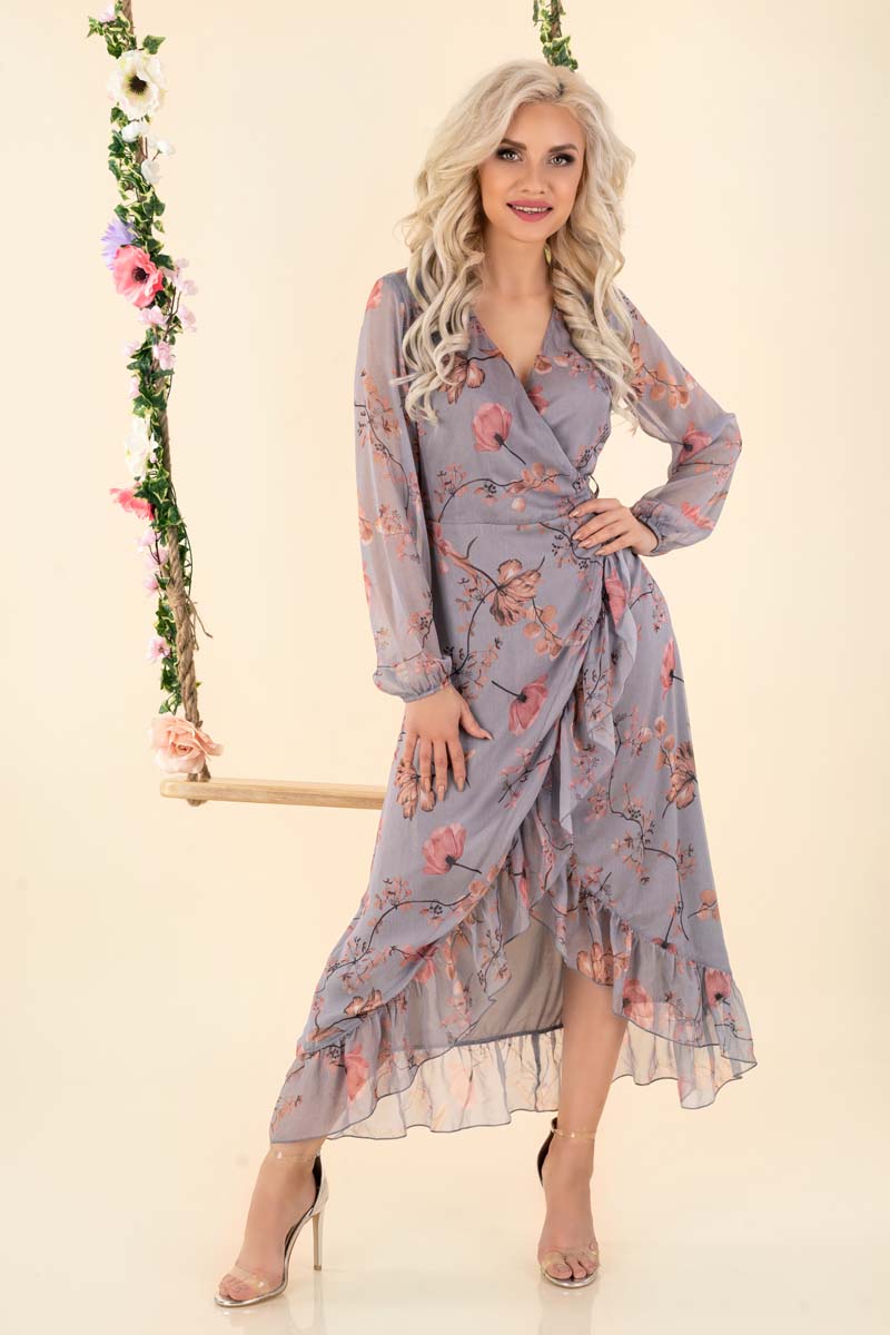 Długa Kopertowa Sukienka w Kwiaty