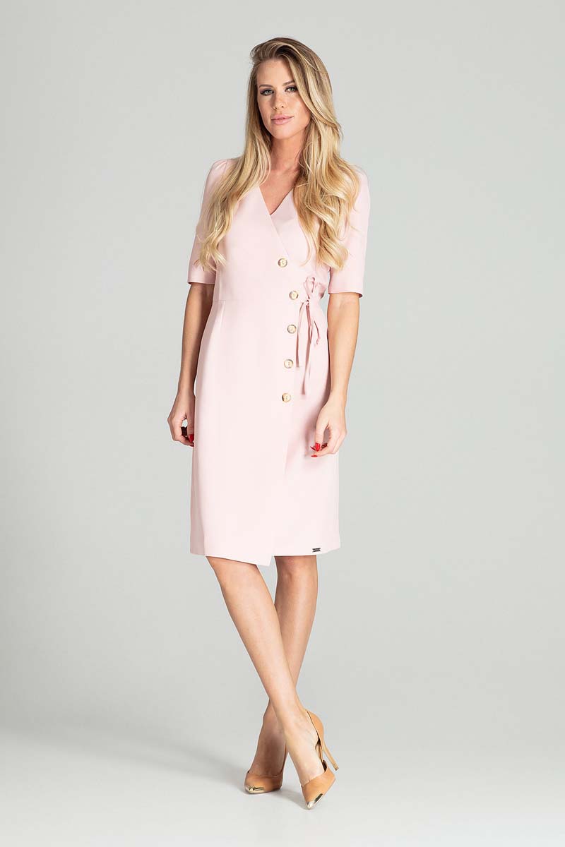 Kopertowa Sukienka z Krótkim Rękawem - Różowa