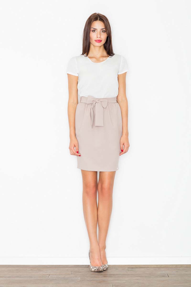 Beżowa Spódnica Krótka Ołówkowa z Wiązaną Szarfą