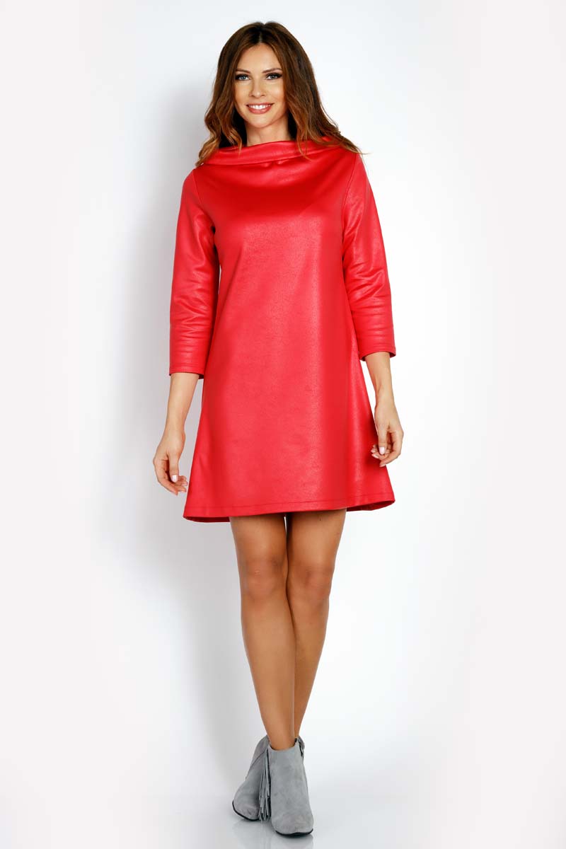 Różowa Sukienka Trapezowa z Woskowanej Tkaniny z Kołnierzem