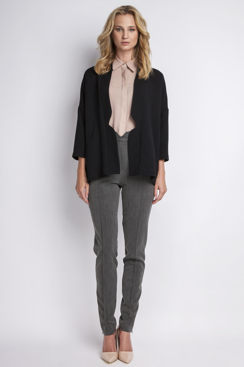 Czarny Szykowny Żakiet z Rękawem ¾ Bez Zapięcia