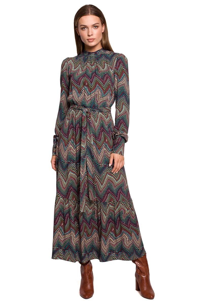 Długa Sukienka ze Stójką w Azteckie Wzory - Wzór 2