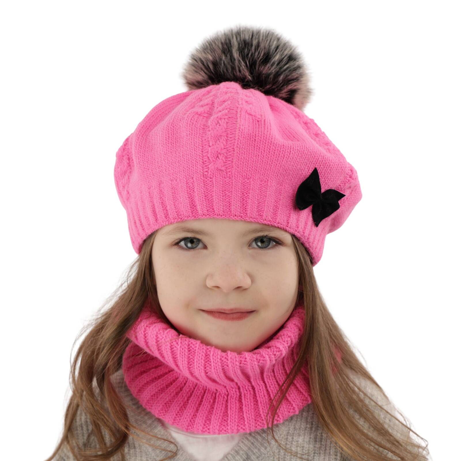 Komplet Zimowy dla Dziewczynki Czapka z Dwoma Pomponami i Komin Różowa