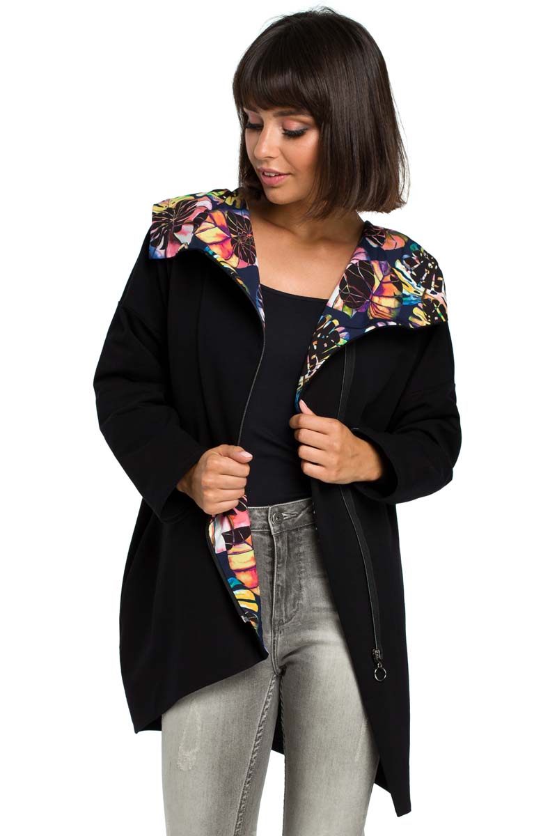 Czarna Rozpinana Luźna Bluza z Kwiecistym Kapturem