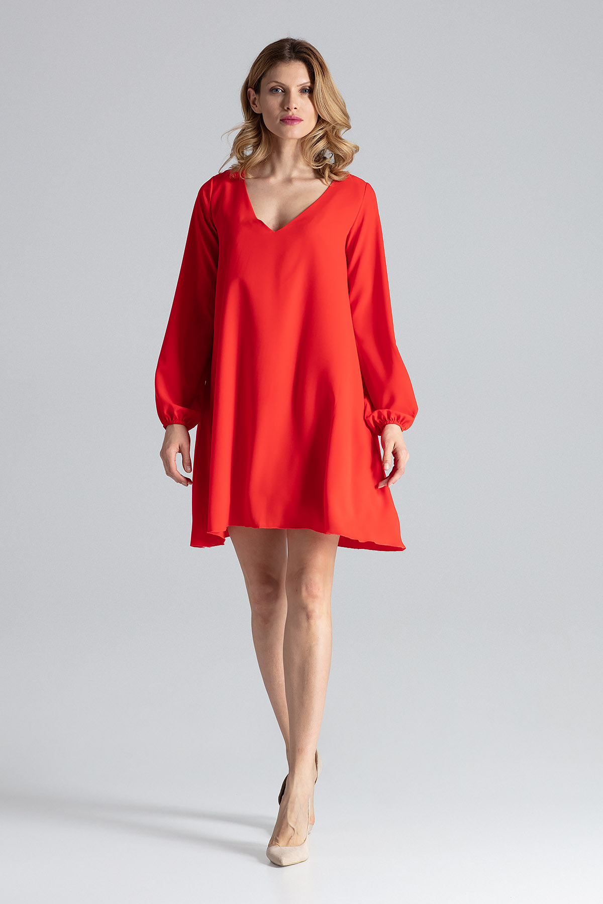 Czerwona Sukienka Trapezowa z Długim Rękawem