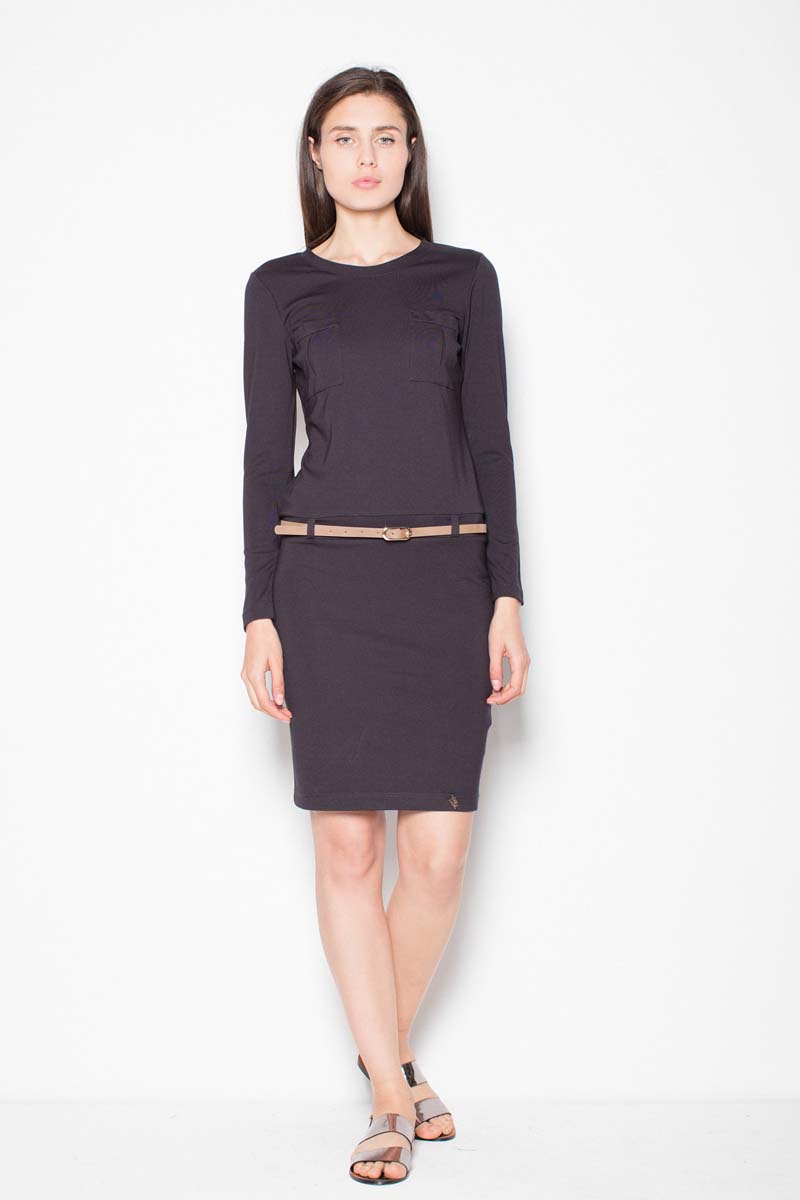 Czarna Sukienka Prosta ze Skórzanym Paskiem