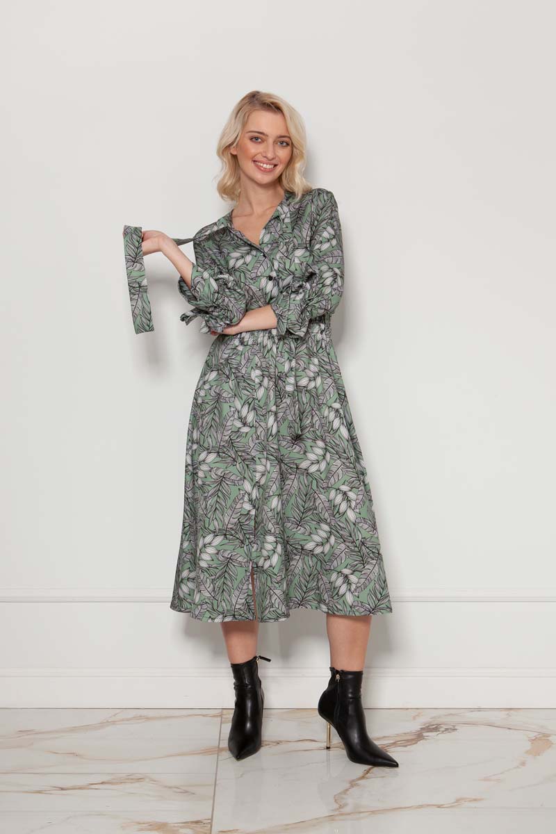 Rozkloszowana Sukienka z Szarfą - Liście