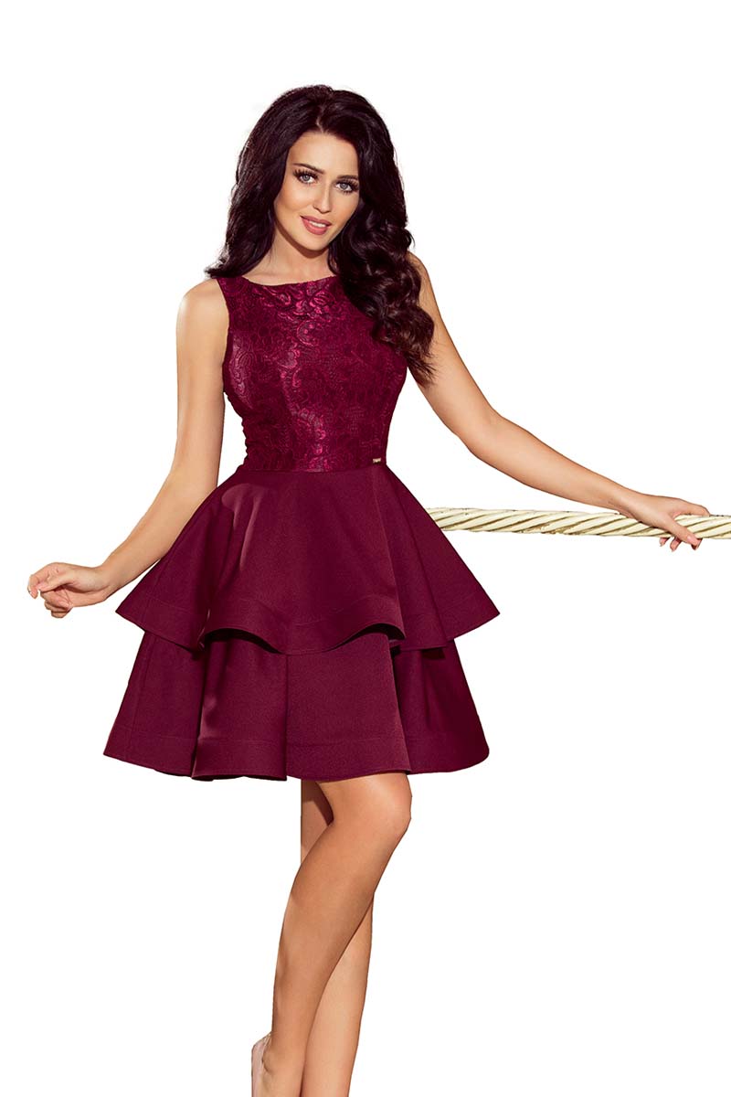 Bordowa Wyjściowa Podwójnie Rozkloszowana Sukienka z Koronką