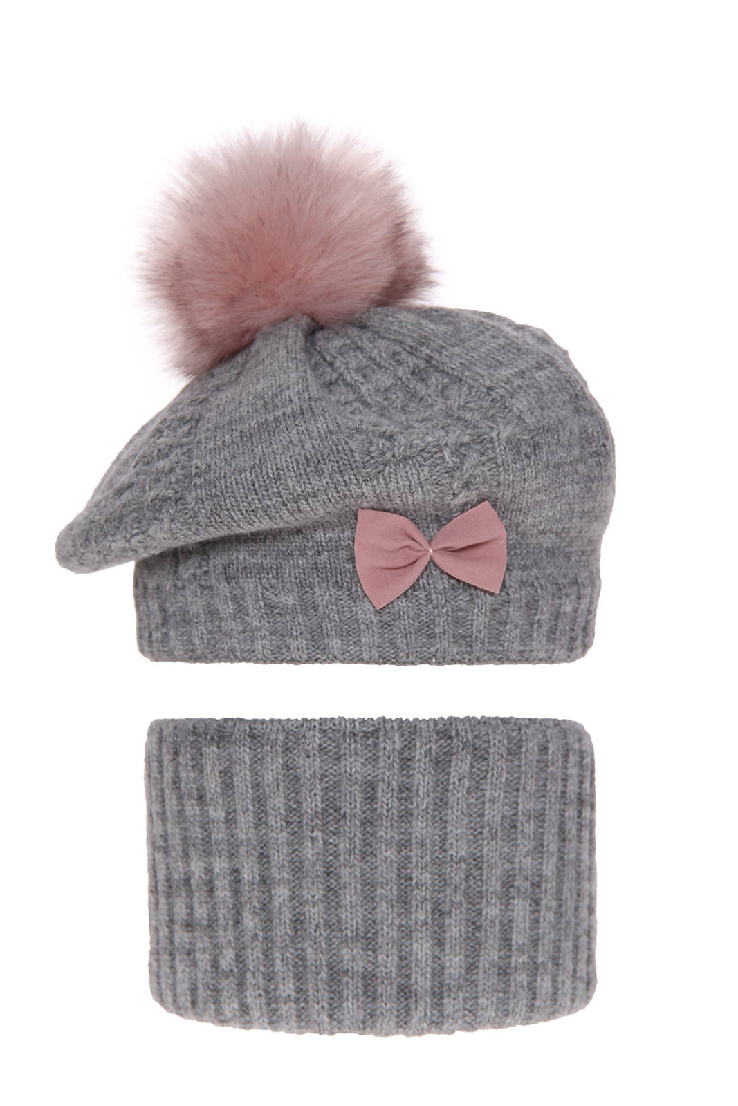 Komplet Zimowy dla Dziewczynki Czapka z Dwoma Pomponami i Komin Szara