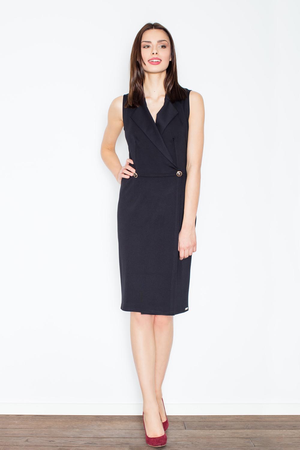 Czarna Kopertowa Midi Sukienka bez Rękawów