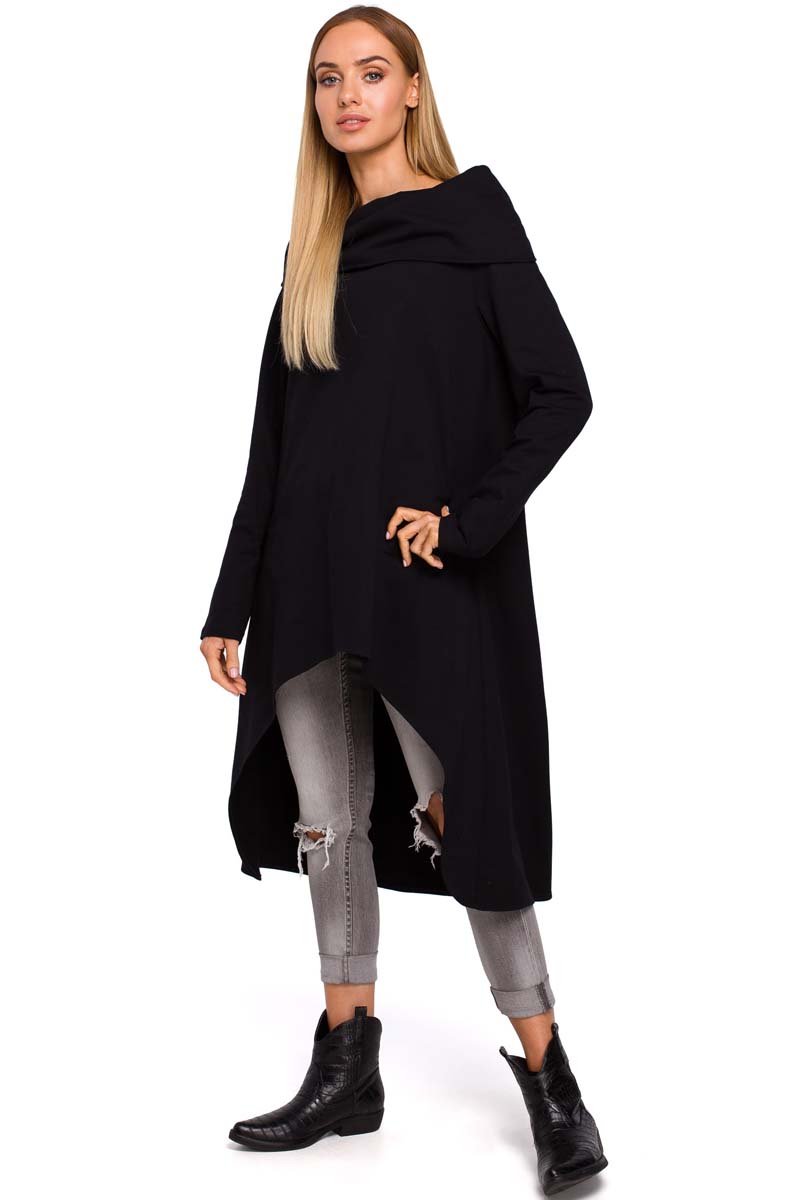 Czarna Asymetryczna Tunika z Wywijanym Kołnierzem