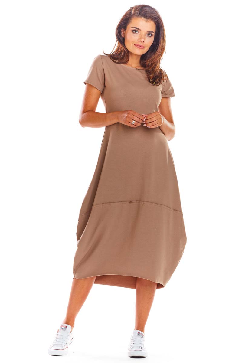Beżowa Codzienna Sukienka Bombka z Krótki Rękawem