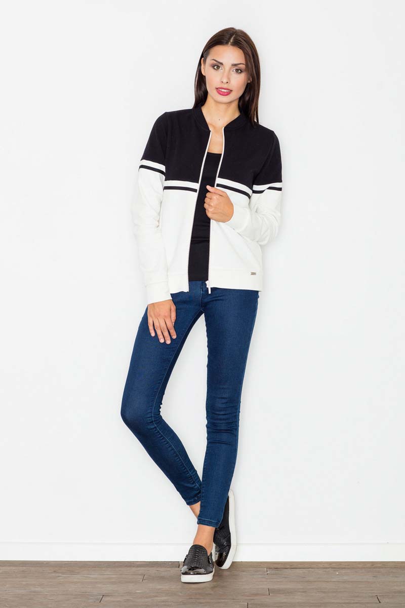 Czarna Bluza na Stójce z Kontrastowymi Pasami