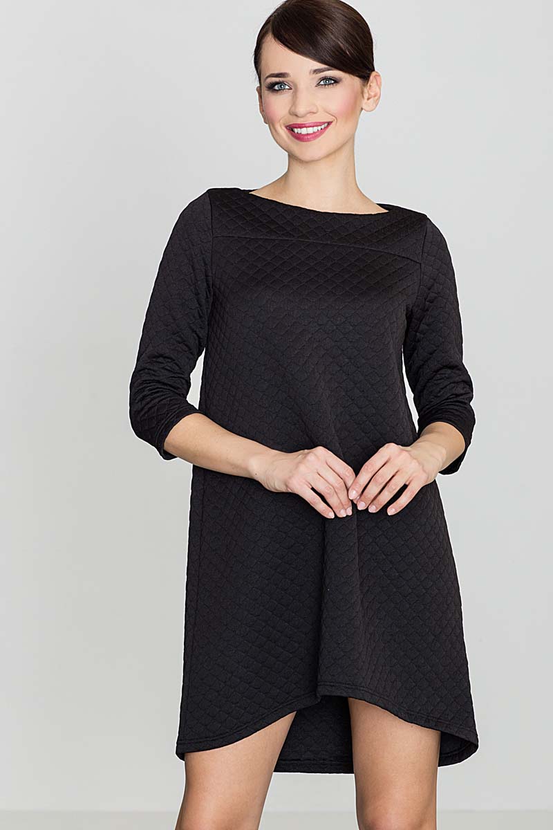 Czarna Asymetryczna Sukienka Pikowana