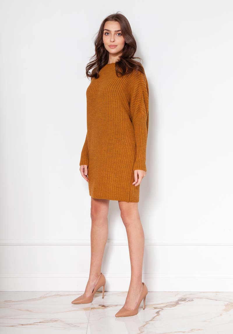 Swetrowa Tunika z Dekoltem w Łódkę - Musztardowa